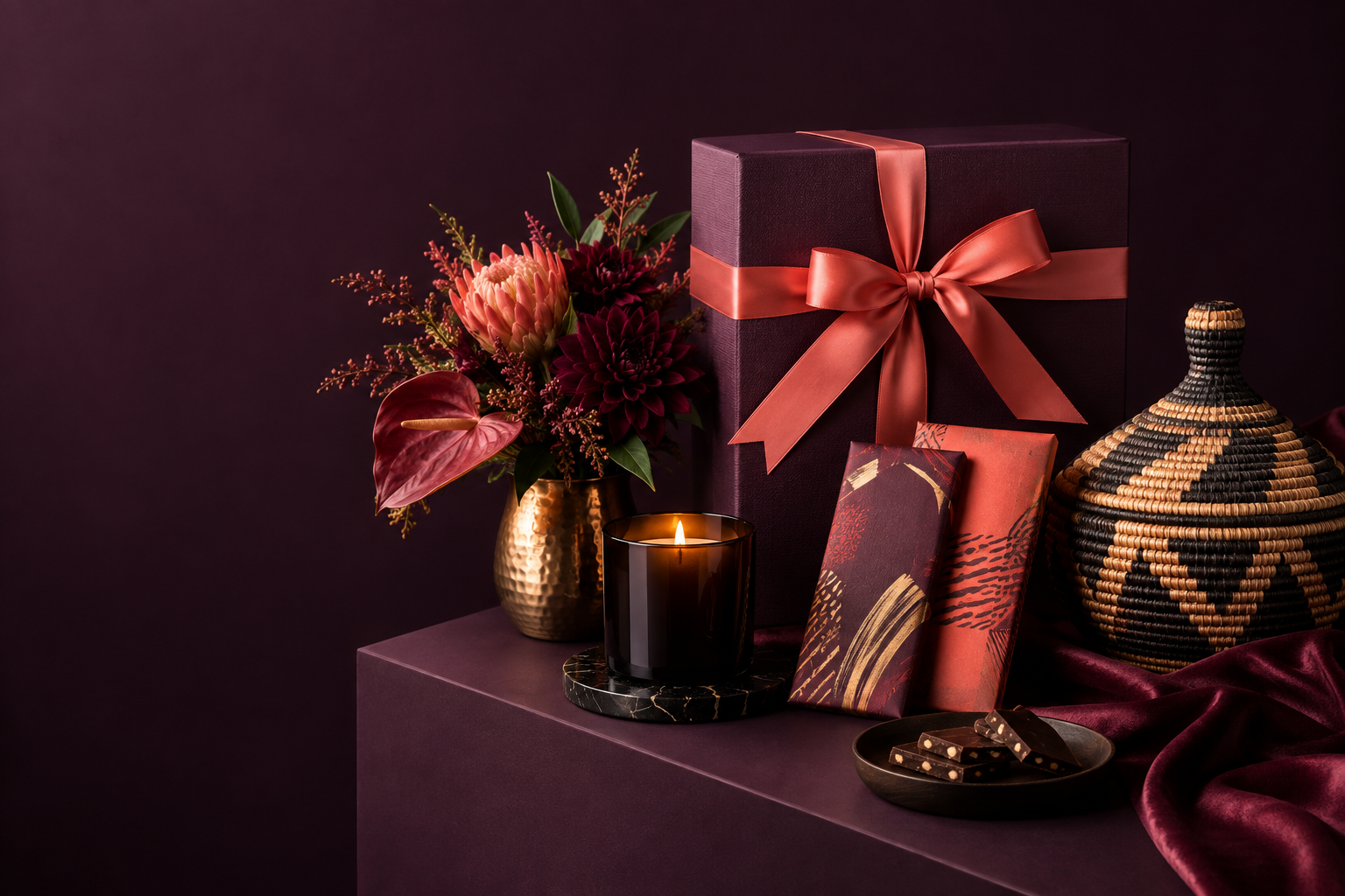 Curated gift box, flowers, candle and handcrafted basket