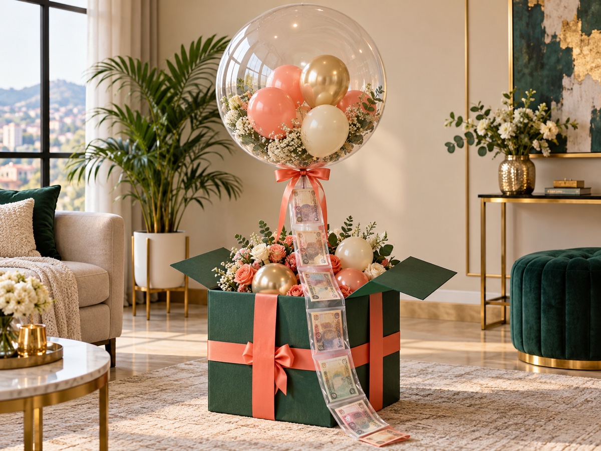 Balloon cash reveal gift box in forest green and coral